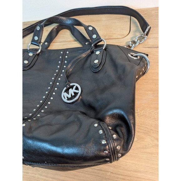 Michael Kors ASTOR Silver Stud Black Leather Bag Satchel Purse Convertible - Picture 2 of 6